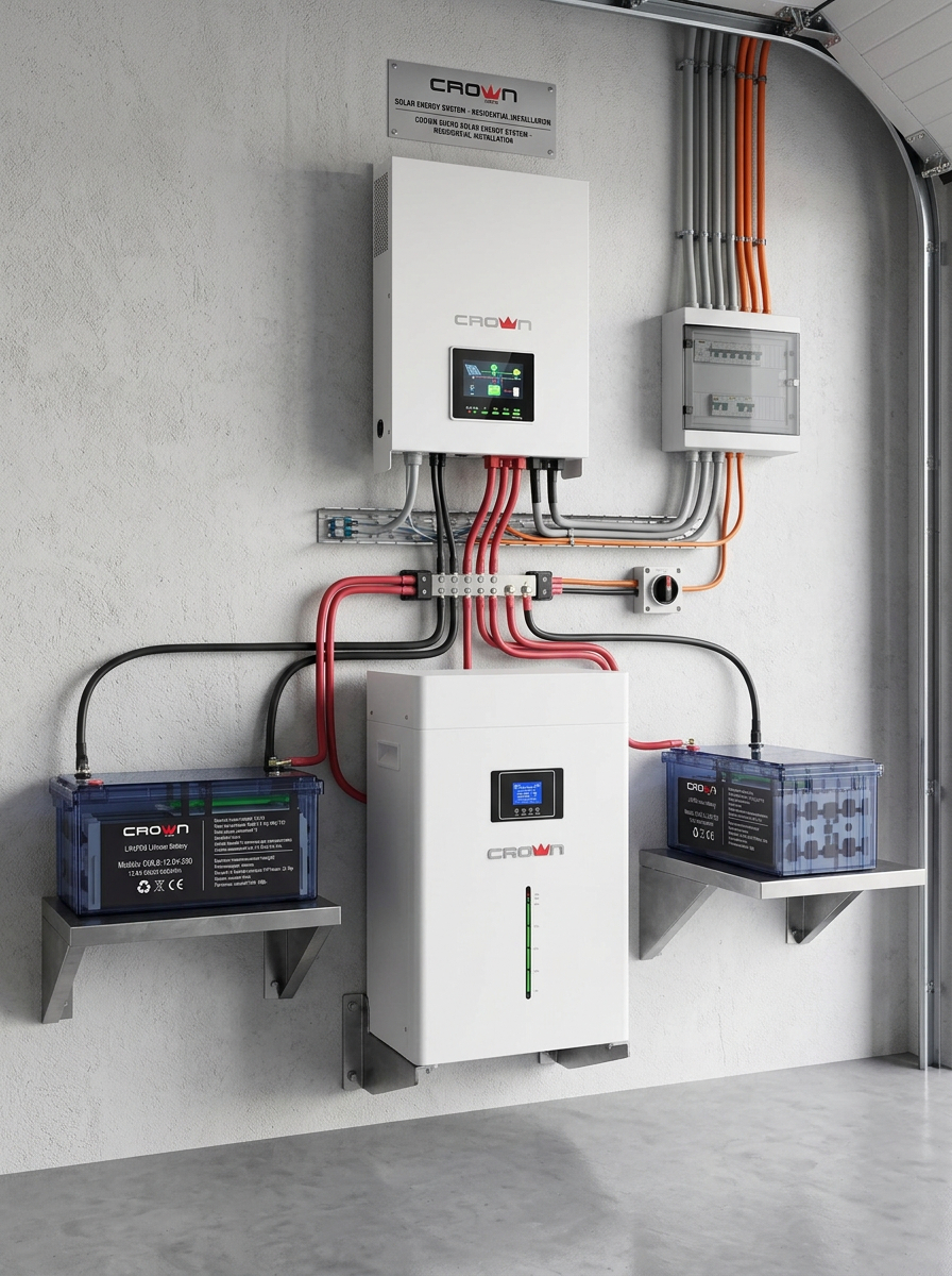 Instalación residencial Crown Micro con inversor y baterías de litio montados en muro